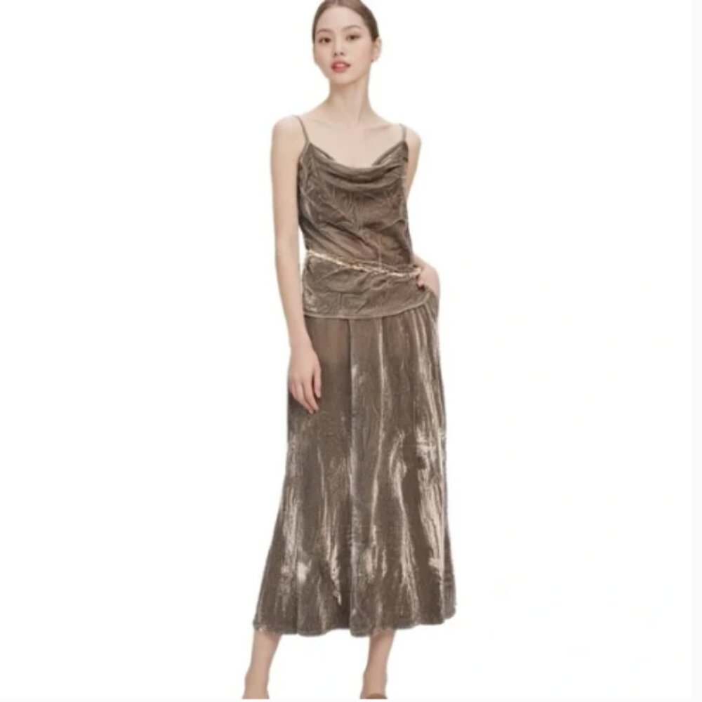 Banana Republic Taupe Velour Midi Slip Skirt Gray Brown Flared Party Size Small